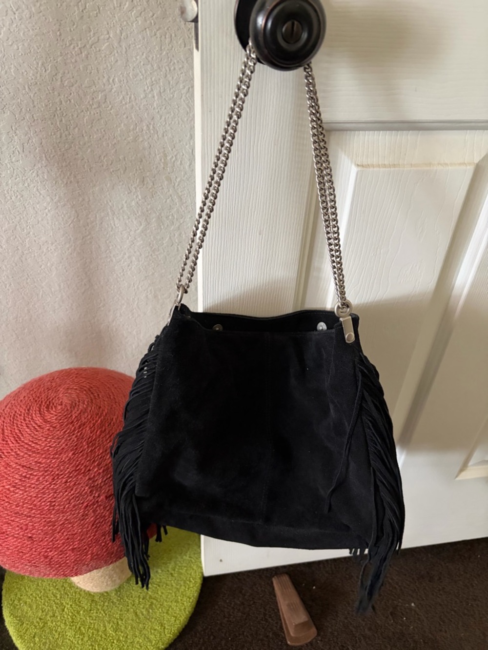 Ecote Black Suede Fringe Shoulder Bag with Silver Chain Strap